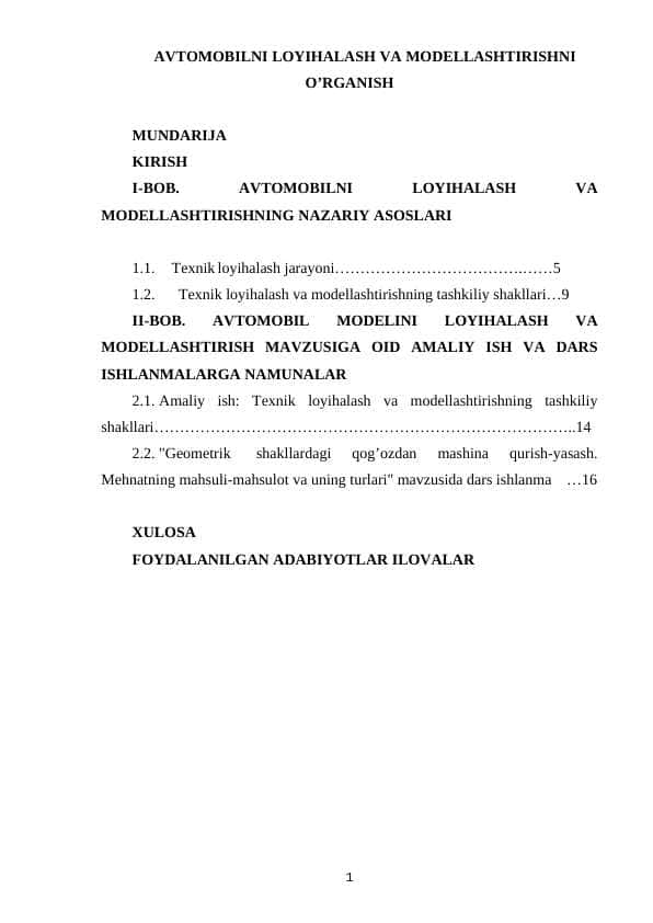 Avtomobilni loyihalash va modellashtirishni o’rganish