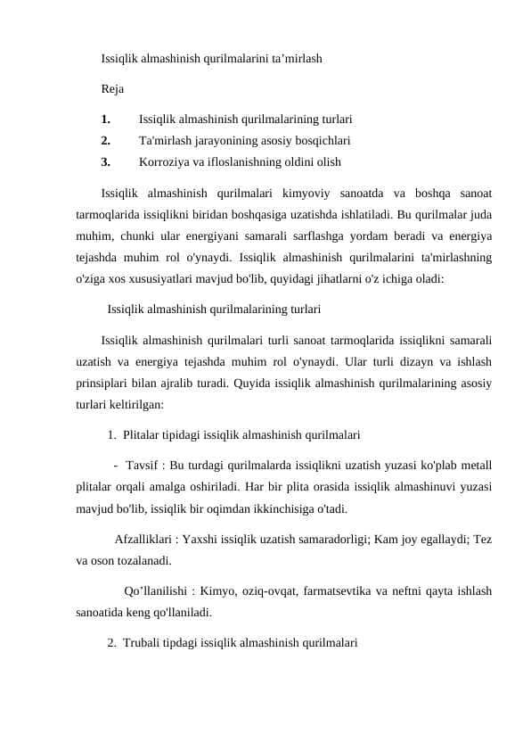 Issiqlik almashinish qurilmalarini ta'mirlash