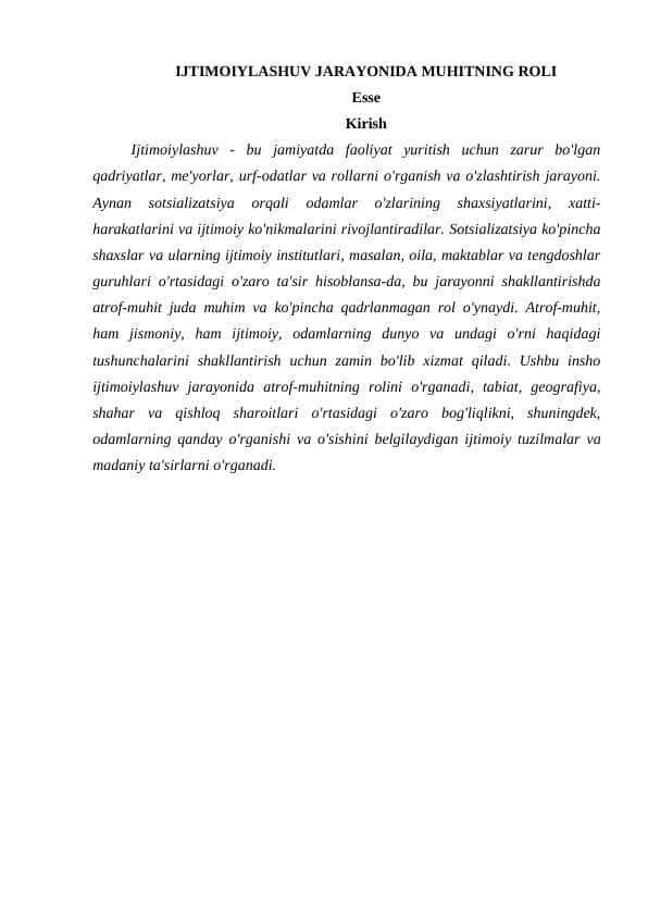 IJTIMOIYLASHUV JARAYONIDA MUHITNING ROLI