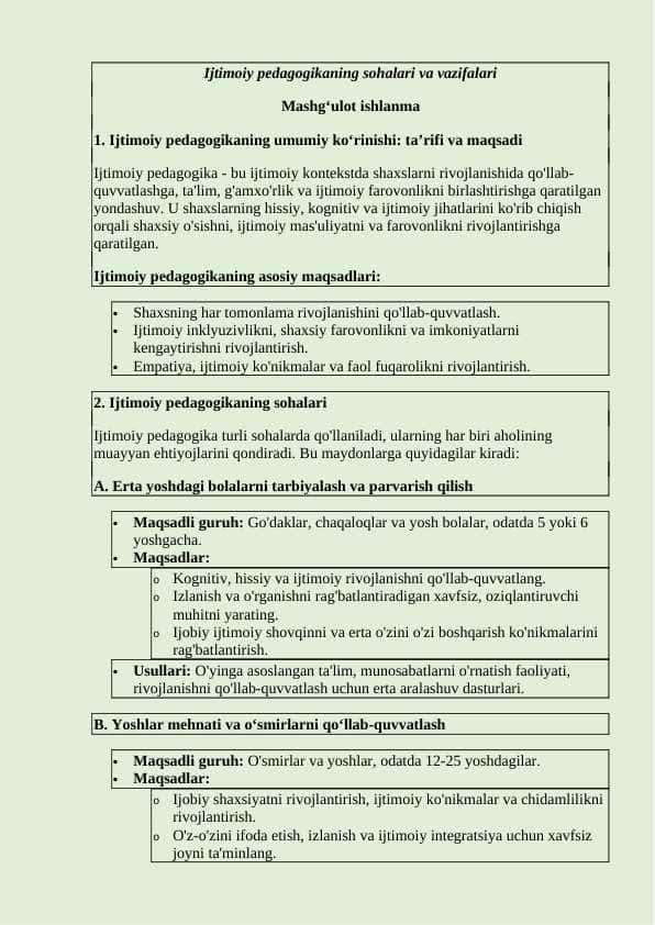 Ijtimoiy pedagogikaning sohalari va vazifalari