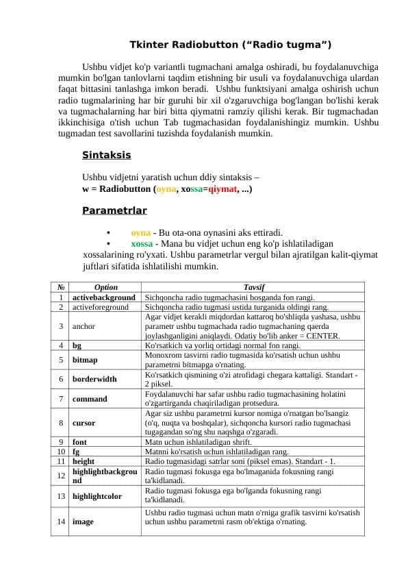 Tkinter Radiobutton (“Radio tugma”)