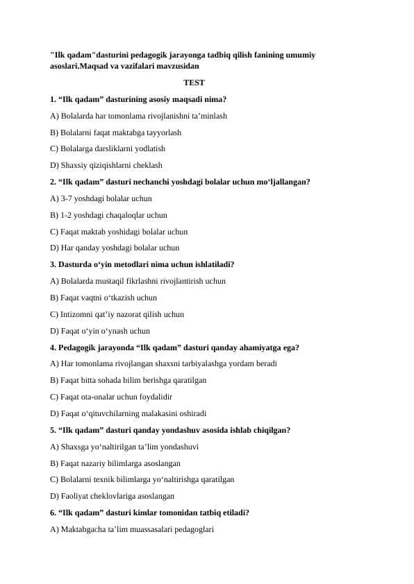 "Ilk qadam"dasturini pedagogik jarayonga tadbiq qilish fanining umumiy asoslari.Maqsad va vazifalari