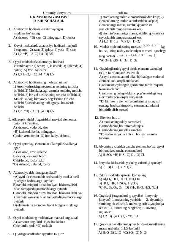 7-8-9-10-11 sinflarga kimyo fanidan mavzulashtirilgan testlar