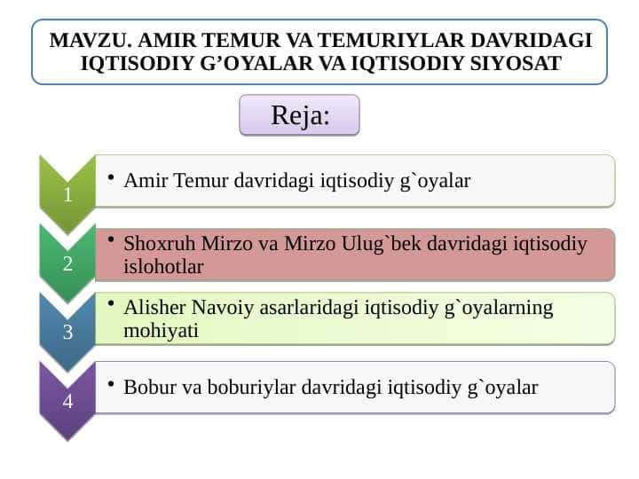 AMIR TEMUR VA TEMURIYLAR DAVRIDAGI IQTISODIY G’OYALAR VA IQTISODIY SIYOSAT