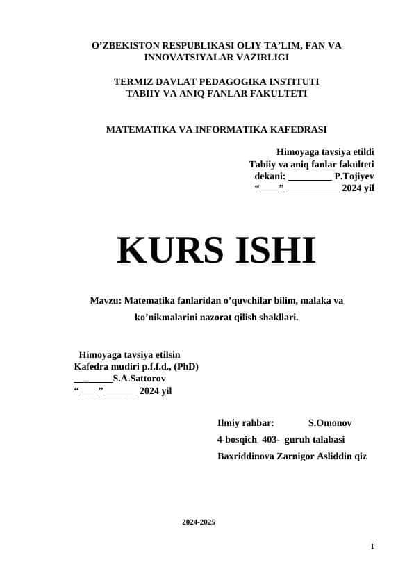 Matematika fanlaridan o'quvchilar bilim,malaka va ko'nikmalarini nazorat qilish shakllari