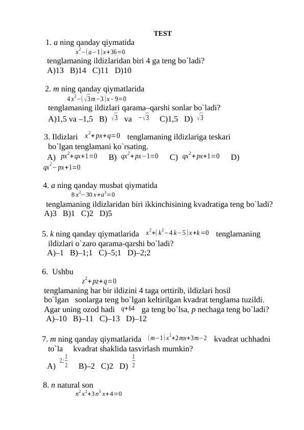 Matematika testlar