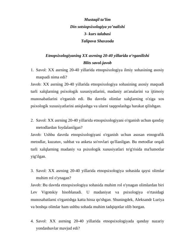 Etnopsixologiyaning XX asrning 20-40 yillarida oʻrganilishi