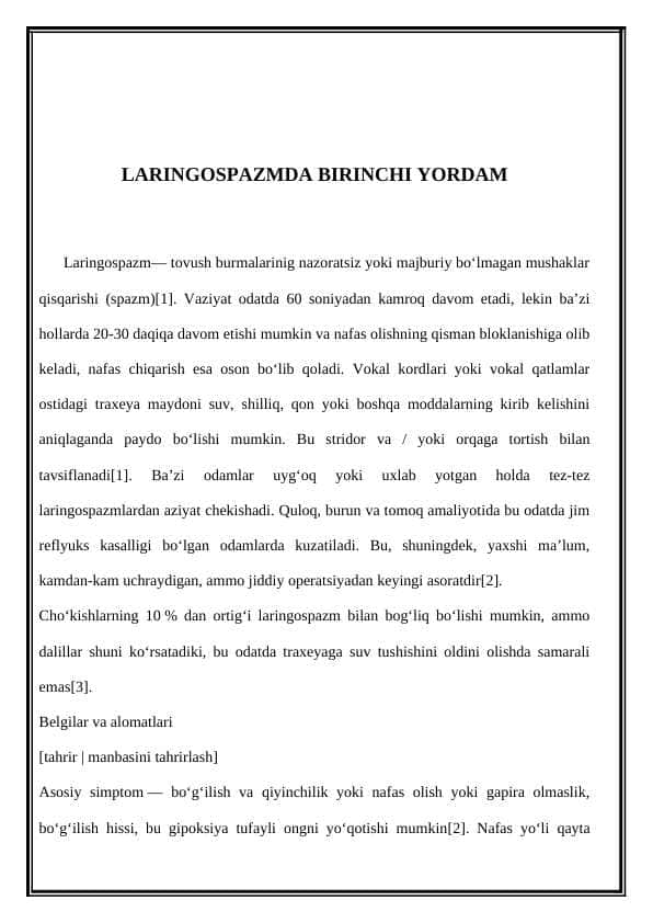 LARINGOSPAZMDA BIRINCHI YORDAM