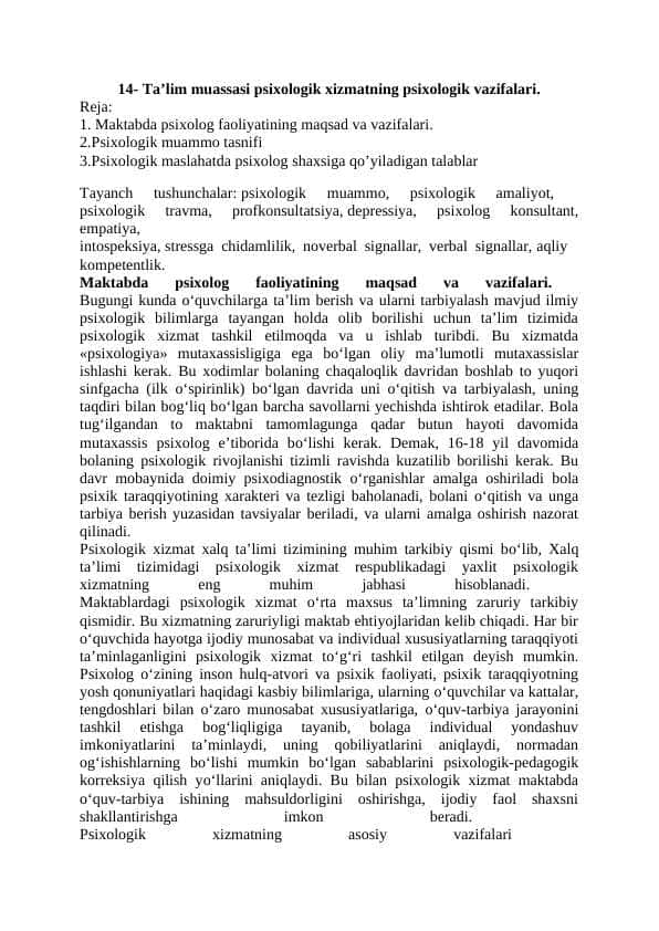 Ta’lim muassasi psixologik xizmatning psixologik vazifalari