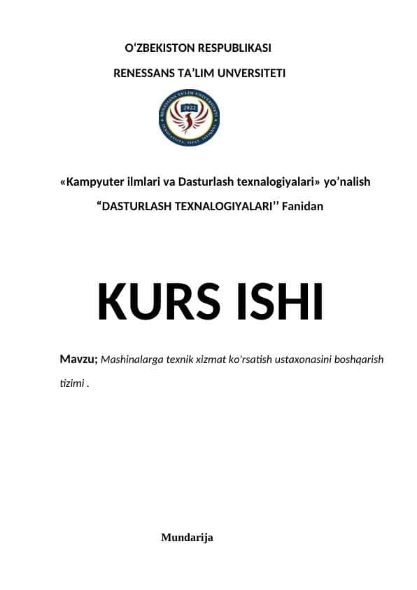 Python tilida mashinalarga texnik xizmat korsatish proyekti