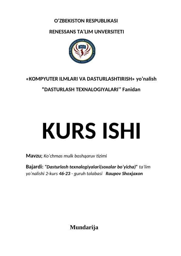Python tilida Ko'chmas mulkni boshqarich tizimini yaratish