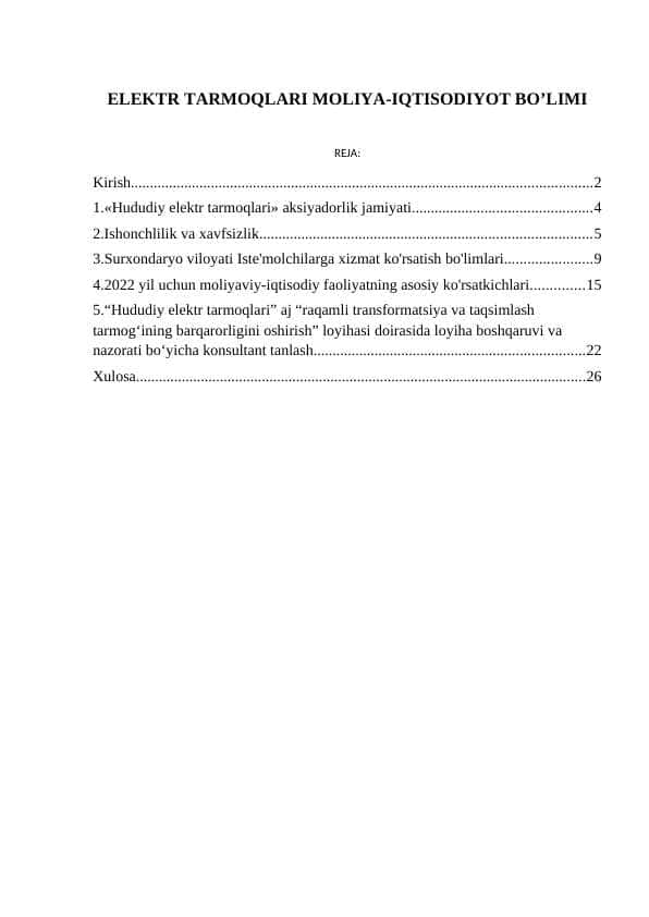 ELEKTR TARMOQLARI MOLIYA-IQTISODIYOT BO’LIMI
