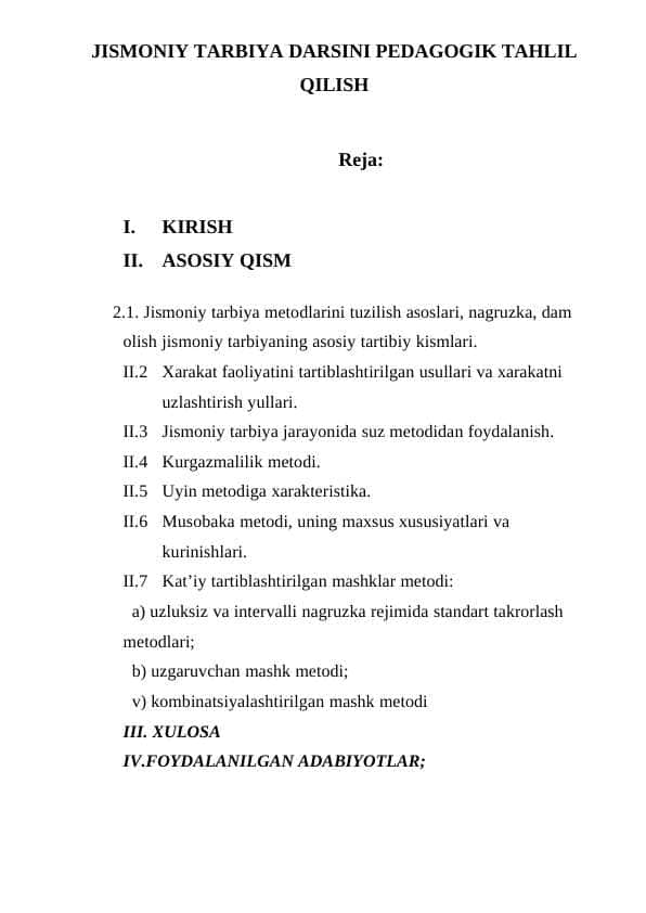 JISMONIY TARBIYA DARSINI PEDAGOGIK TAHLIL QILISH