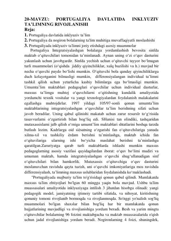 Portugaliyada inklyuziv ta lim rivojlanishi