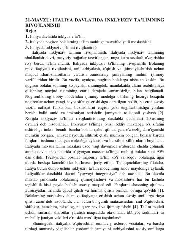 Italiyada inklyuziv ta limni rivojlanishi