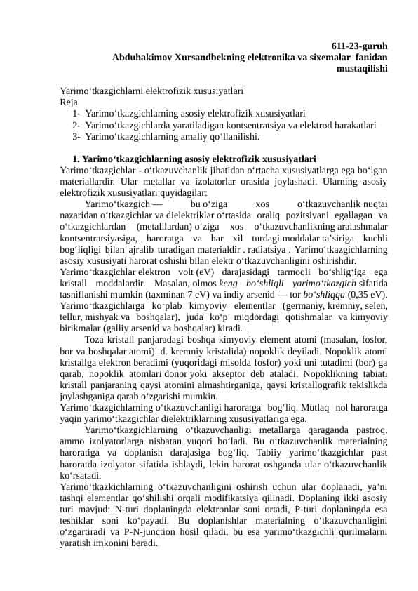 Yarimo‘tkazgichlarni elektrofizik xususiyatlari