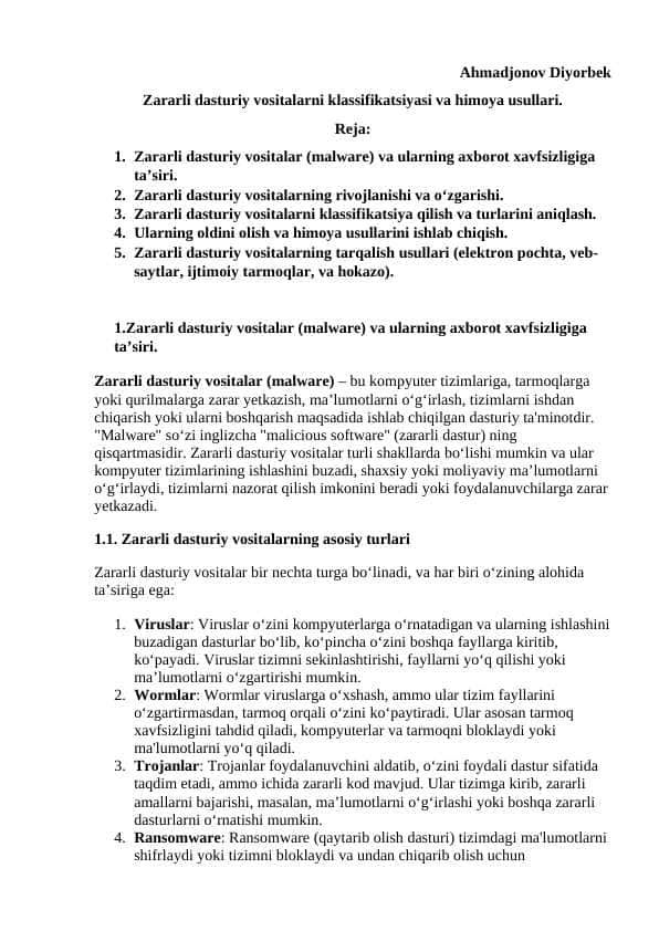 Zararli dasturiy vositalarni klassifikatsiyasi va himoya usullari