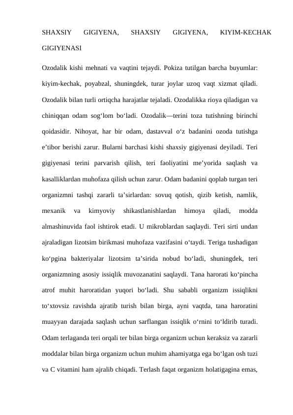 SHAXSIY GIGIYENA, SHAXSIY GIGIYENA, KIYIM-KECHAK GIGIYENASI