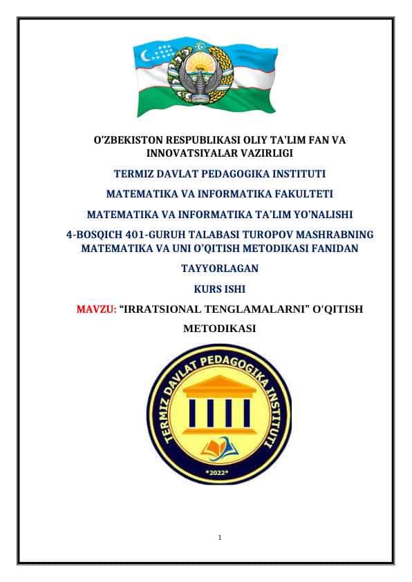 IRRATSIONAL TENGLAMALARNI” O'QITISH METODIKASI
