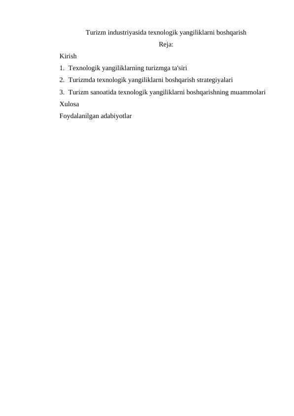 Turizm industriyasida texnologik yangiliklarni boshqarish