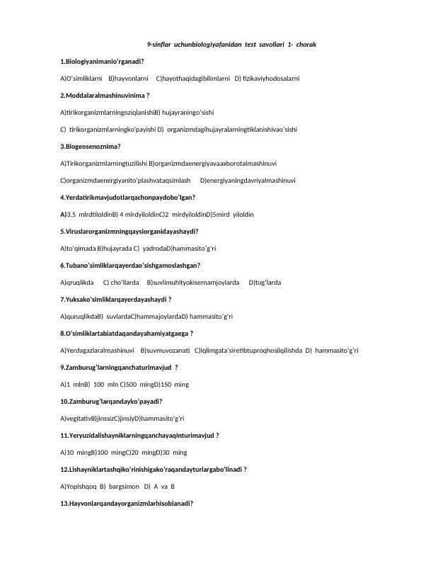 9-sinf-biologiya-fanidan-testlar-9 MAVZU