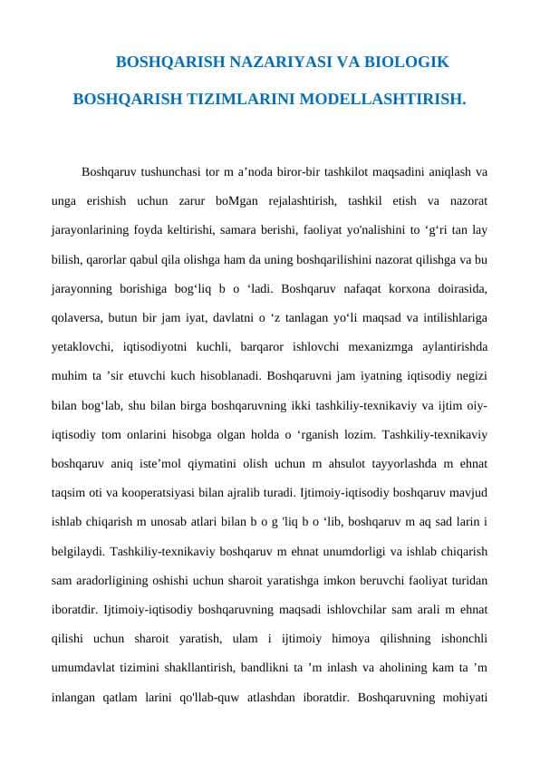 BOSHQARISH NAZARIYASI VA BIOLOGIK BOSHQARISH TIZIMLARINI MODELLASHTIRISH