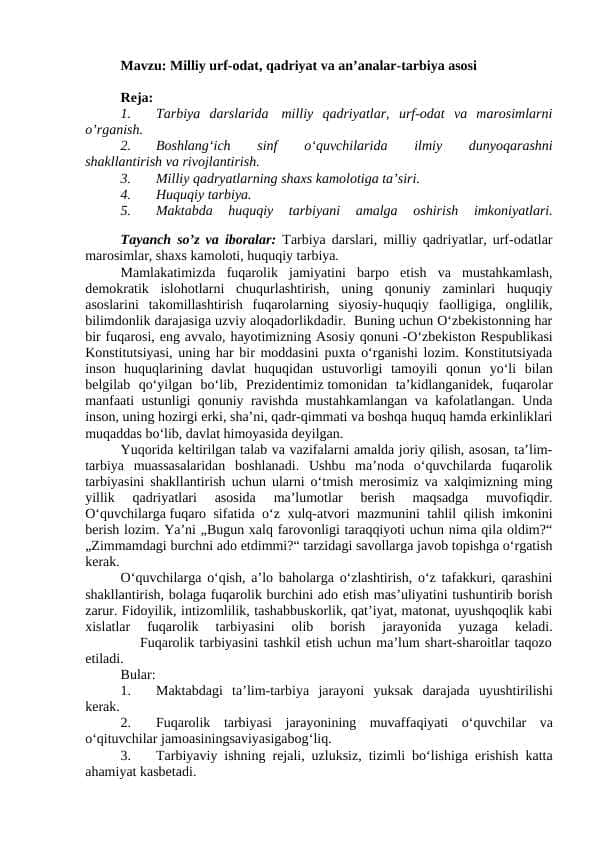 Milliy urf-odat, qadriyat va an’analar-tarbiya asosi
