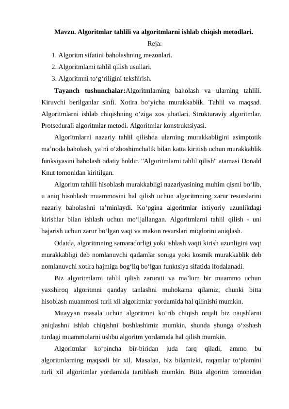 Аlgоritmlаr tаhlili vа аlgоritmlаrni ishlаb chiqish metоdlаri