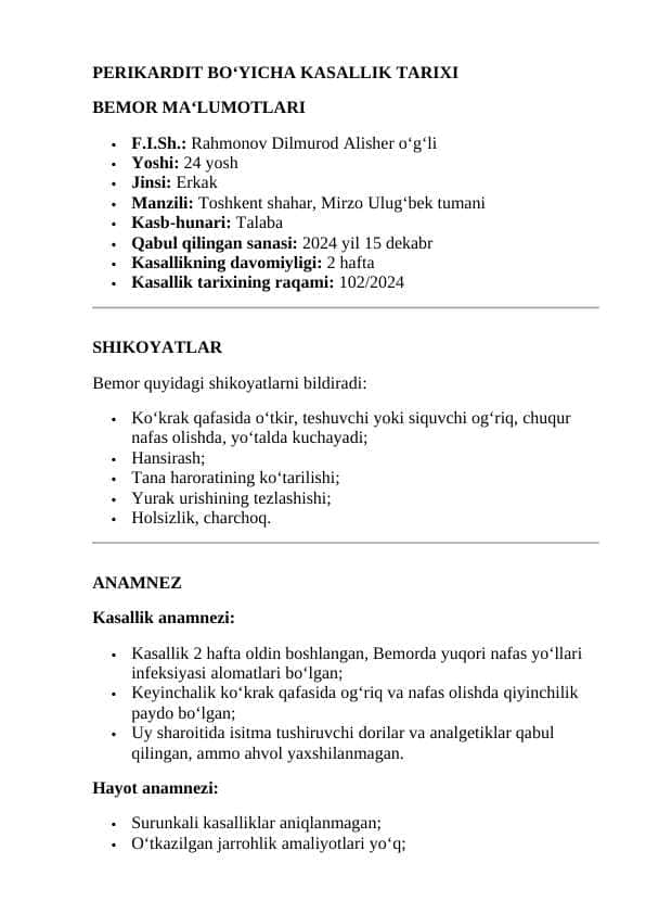 Perikardit. Kasallik tarixi