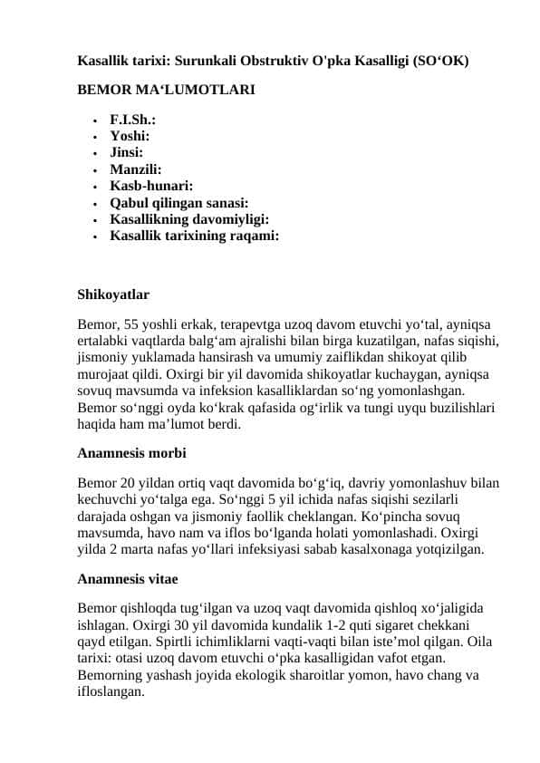 Surunkali obstruktiv o'pka kasalligi. Kasallik tarixi