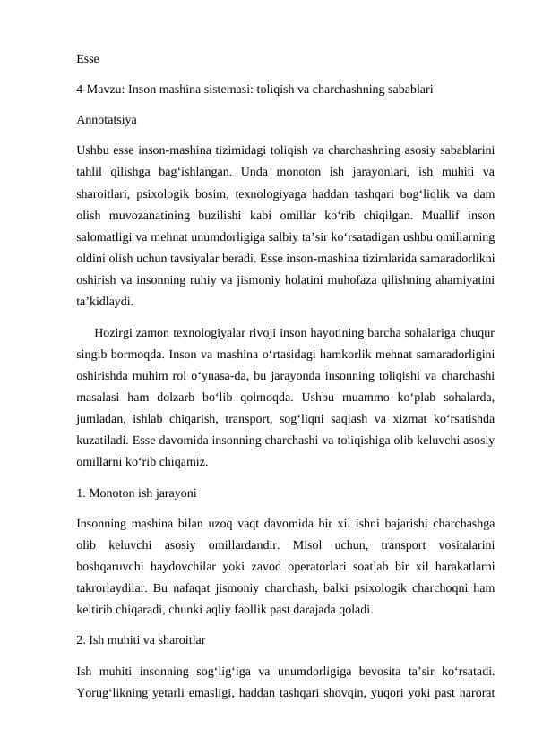 Inson mashina sistemasi toliqish va charchash sabablari