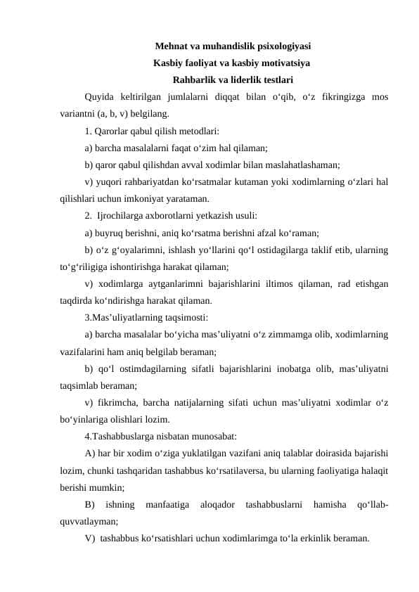 Mehnat va muhandislik psixologiyasi
Kasbiy faoliyat va kasbiy motivatsiya