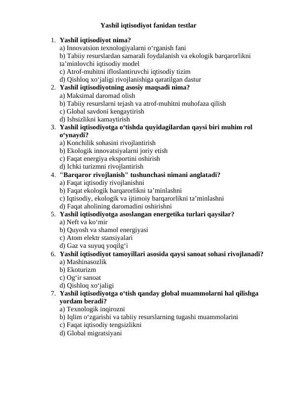 Iqtisodiyot testlar