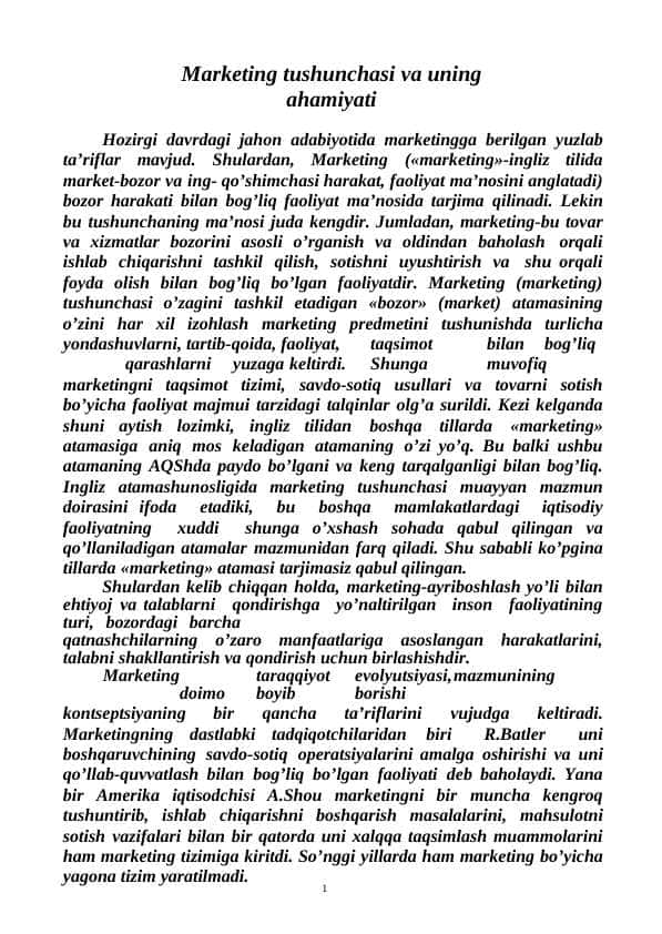 Marketing tushunchasi va uning ahamiyati