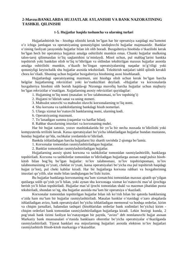 BANKLARDA HUJJATLAR AYLANISHI VA BANK NAZORATINING TASHKIL QILINISHI