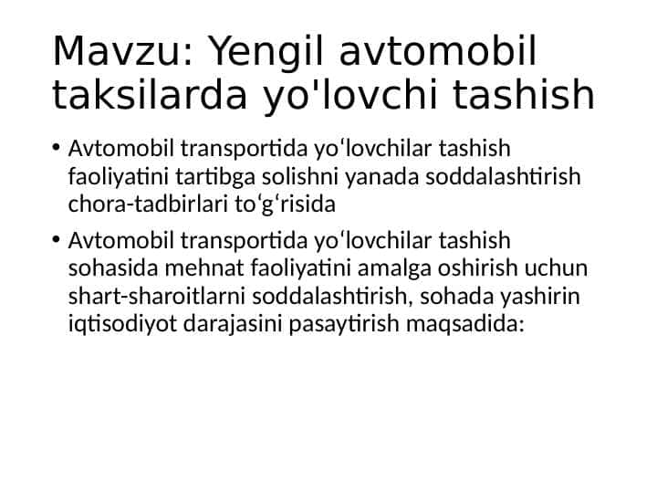Yengil avtomobil taksilarda yo'lovchi tashish