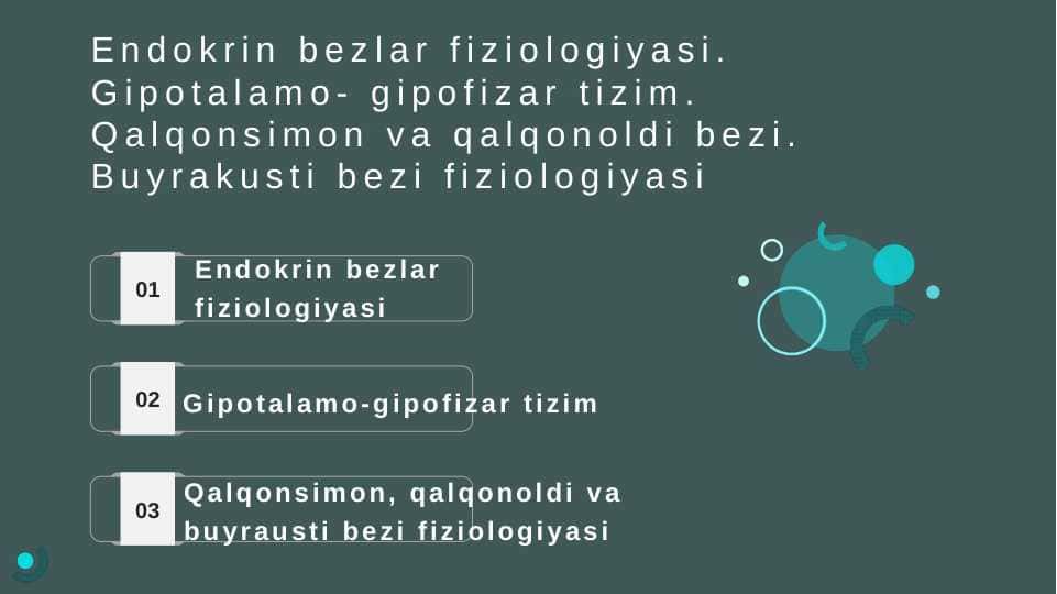 Endokrin bezlar fiziologiyasi.
Gipotalamo- gipofizar tizim.
Qalqonsimon va qalqonoldi bezi.
Buyrakusti bezi fiziologiyasi