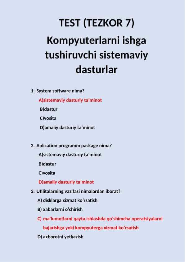 TEST (TEZKOR 7) Kompyuterlarni ishga tushiruvchi sistemaviy dasturlar