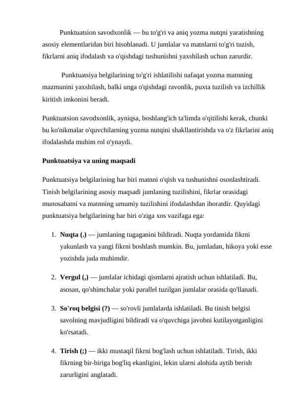 Punktuatsion savodxonlik bo'yicha referat