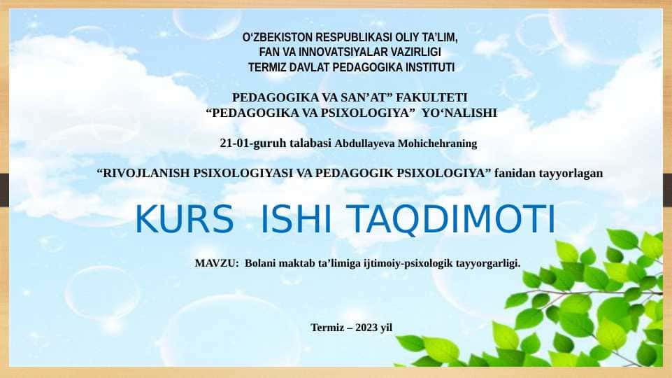 Bolani maktab ta’limiga ijtimoiy-psixologik tayyorgarligi