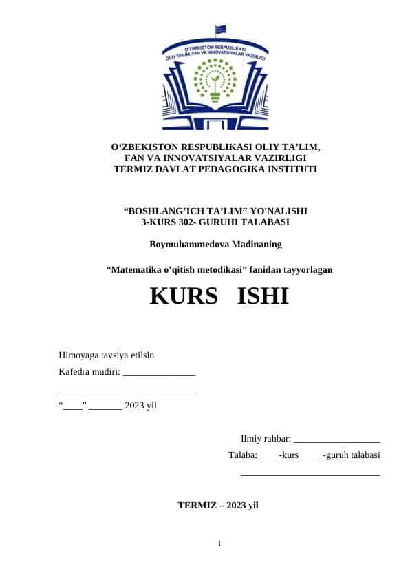 Boshlang’ich sinf matematika darslarida ko’rgazmali qurollardan foydalanish - KURS ISHI