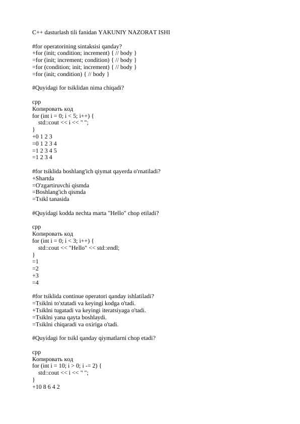 C++ TEST Yakuniy nazorat ishi