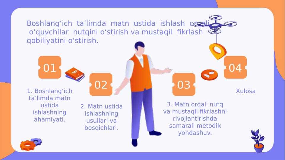 Boshlang‘ich ta’limda matn ustida ishlash orqali o‘quvchilar nutqini o‘stirish va mustaqil fikrlash qobiliyatini o‘stirish.