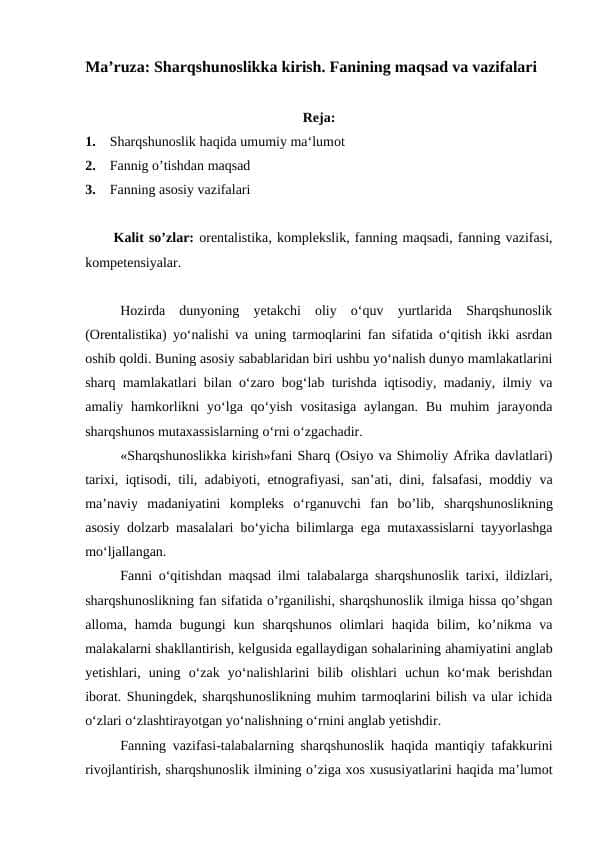 Sharqshunoslikka kirish. Fanining maqsad va vazifalari