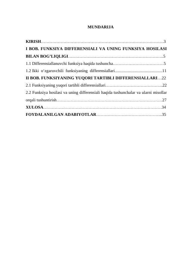 Funksiyaning yuqori tartibli differensiallari