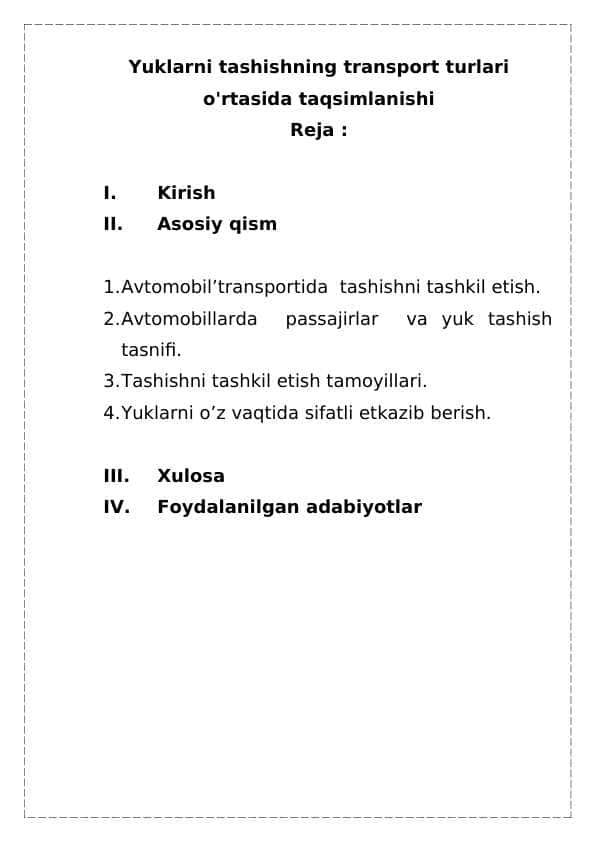 Yuklarni tashishning transport turlari o'rtasida taqsimlanishi
