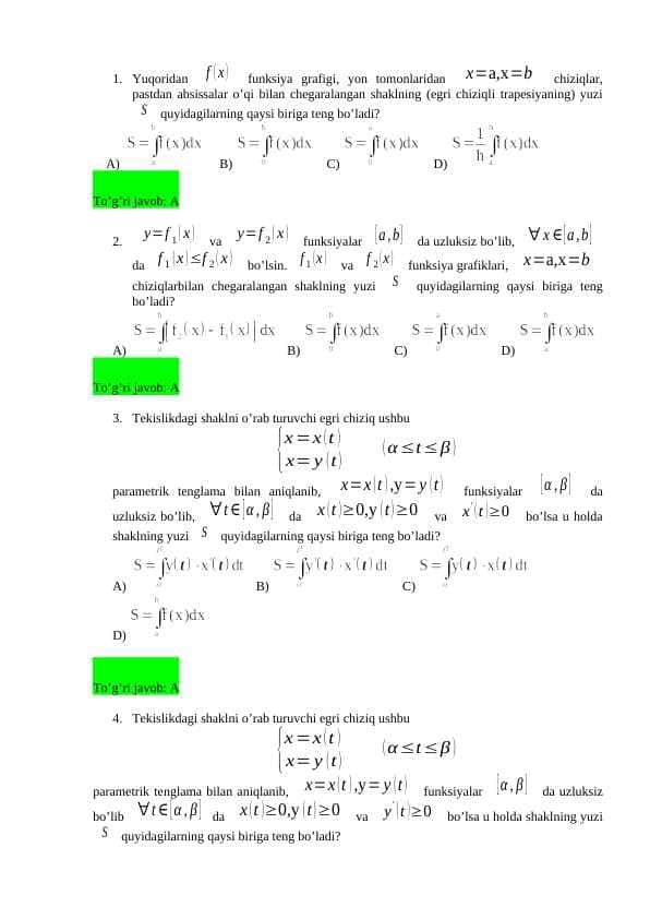 Matematik analiz fanidan yakuniy testlari javoblari bilan