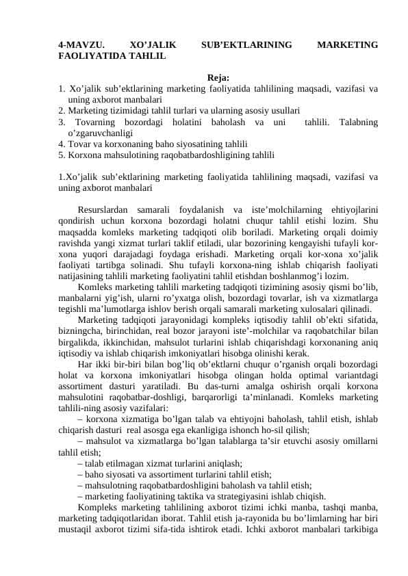XO’JALIK SUB’EKTLARINING MARKETING FAOLIYATIDA TAHLIL