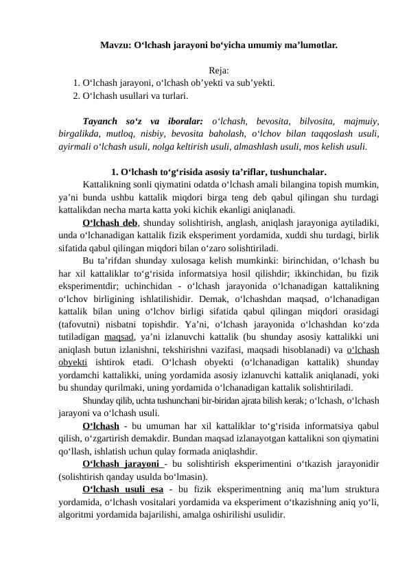 O‘lchash jarayoni bo‘yicha umumiy ma’lumotlar