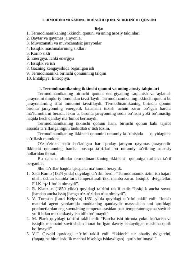 TERMODINAMIKANING BIRINCHI QONUNI IKKINCHI QONUNI